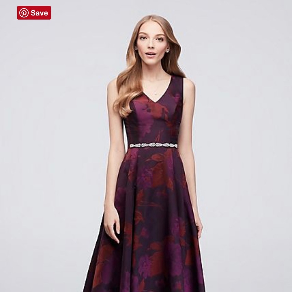 Jacquard V-Neck Tea-Length Bridesmaid Dress from Davids Bridal